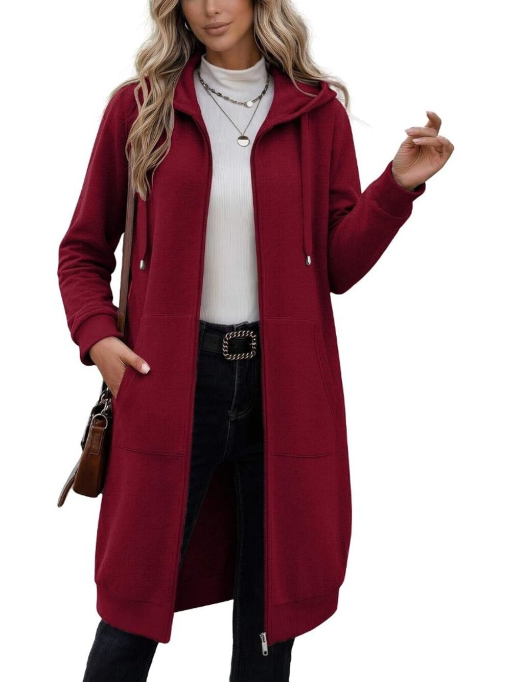 Women's Wine Red Longline Fleece Hoodie Oversized Full Zip Duster Coat Jacket